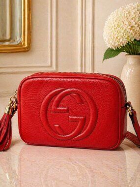 Authentic Gucci Soho Disco Small Leather Crossbody Red | GG Logo Camera Bag
